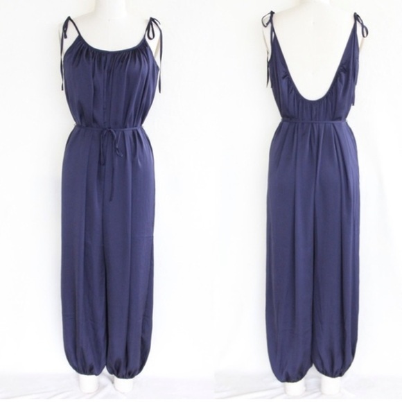 VICTORIA SECRET NAVY ADJUSTABLE STRAP HAREM SATIN JUMPSUIT SIZE XS - Picture 1 of 15